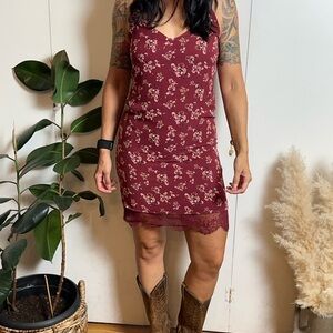 Divided Burgundy Floral Dress